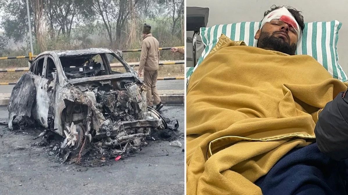 Cricketer Rishabh pant badly injured in car accident : Car catchs fire, helped by the locals.