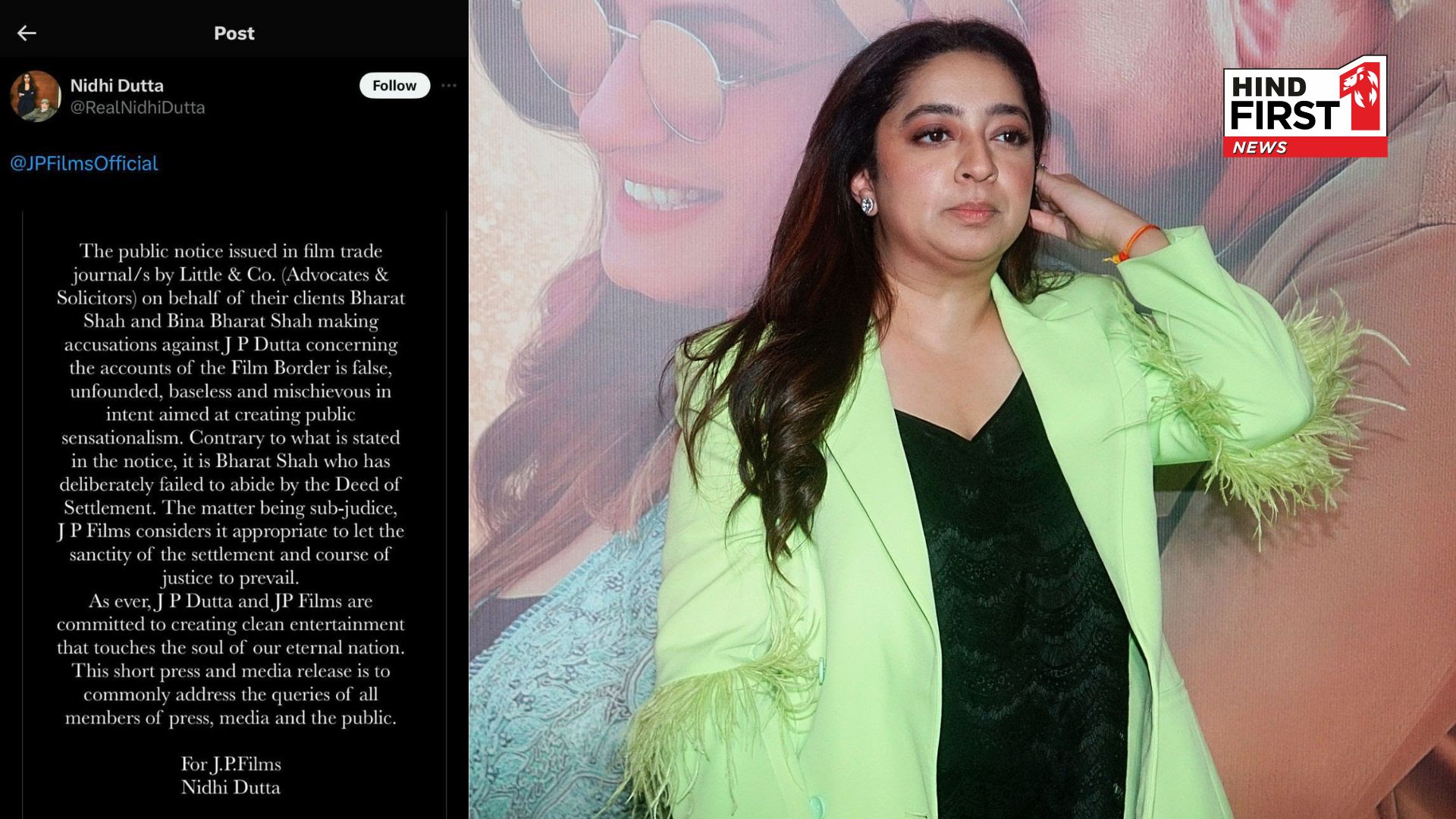 Nidhi Dutta denies Bharat Shahs allegations in Border film monetary dispute