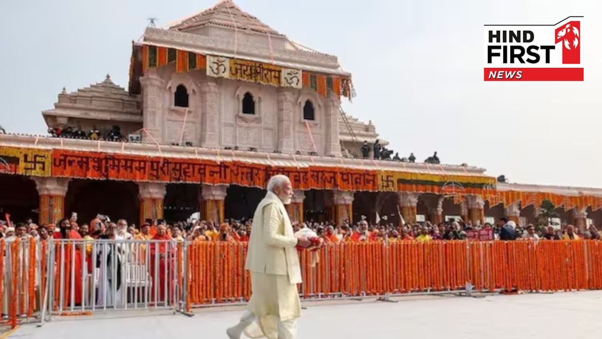 PM Modi prays at the Sapta Mandir before hoisting the Dharma Dhwaj