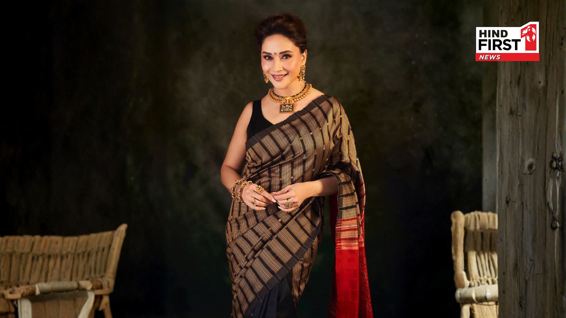Madhuri Dixit’s Mustard-Black Sonepuri Silk Saree is a Tribute to Indian Handloom Heritage